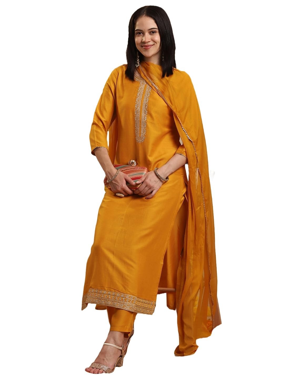 Women’s Jagah Silk Blend Straight Embroidered Kurta with Pant & Dupatta