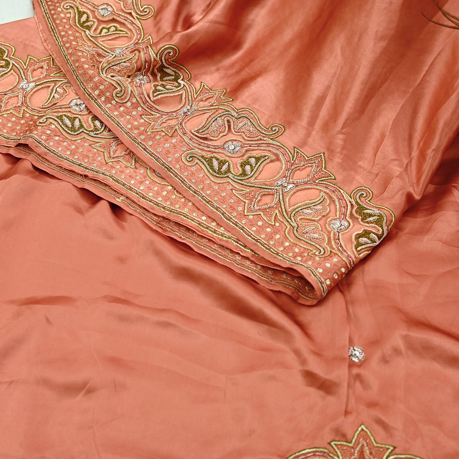 Vintage Heavy Peach Sari Hand Embroidered Saree Pure Satin Silk 5yd Ethnic Dabka