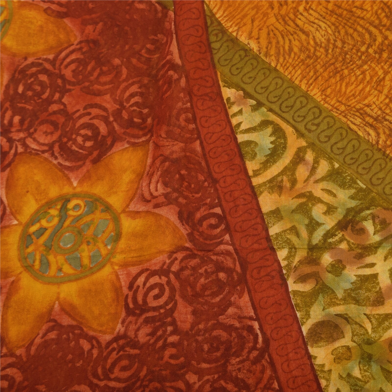 Sanskriti Vintage Sarees Saffron Pure Georgette Printed Sari 5+Yd Craft Fabric