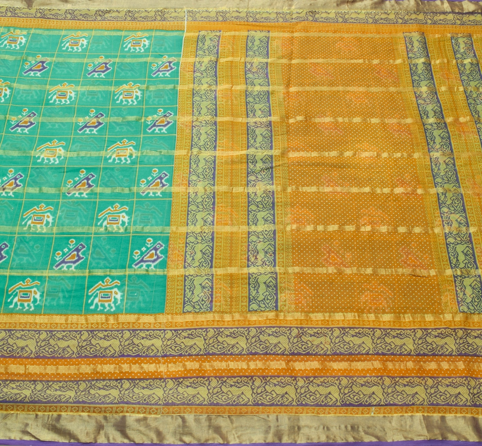 Sushila Vintage Elephant Birds Ikat Design Aqua Green Pure Cotton Saree Fabric