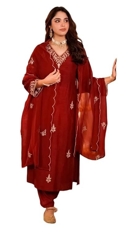 Women Embroidery Solid Straight Kurta and Pant Set with Dupatta