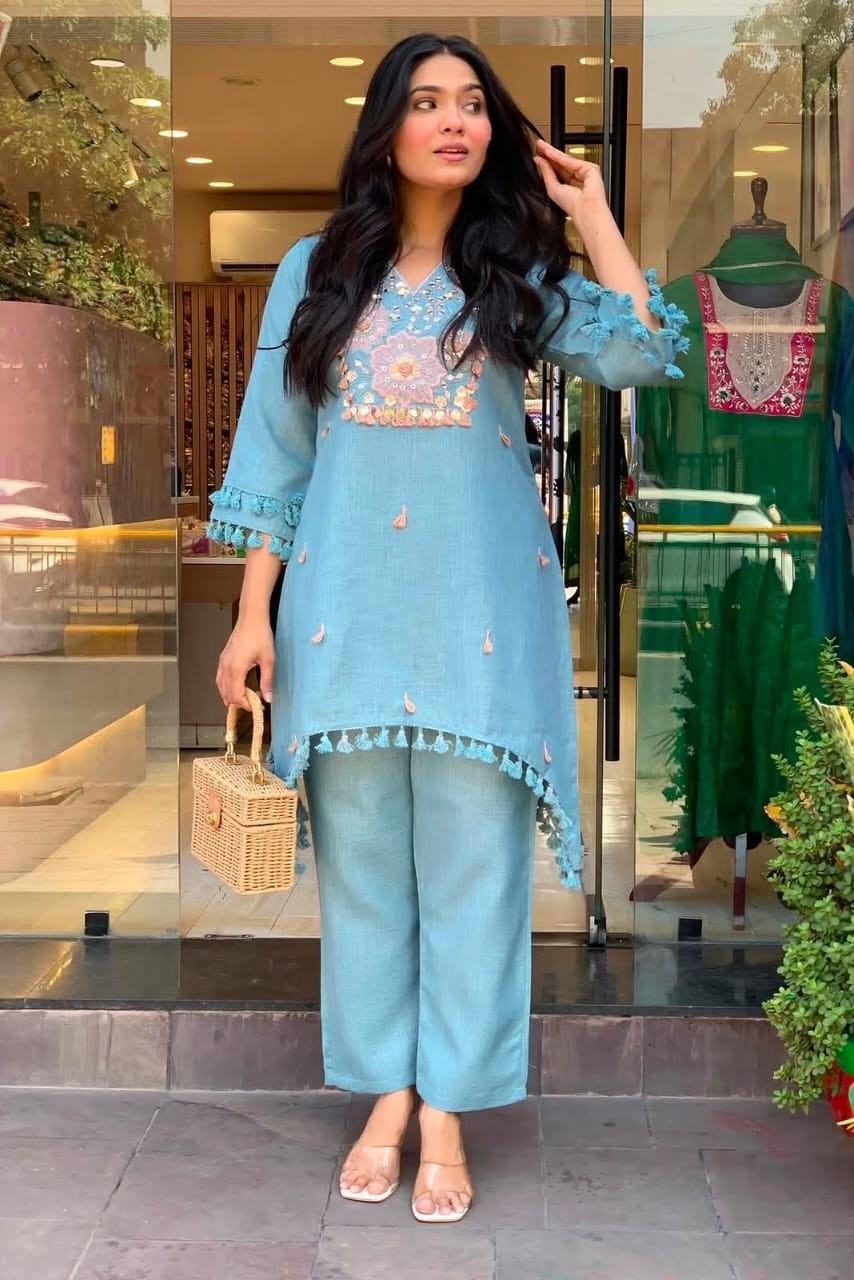 Women Cotton Flex Embroidey Kurti Cord Set Indian Party Wear Top Kurta Pant Set