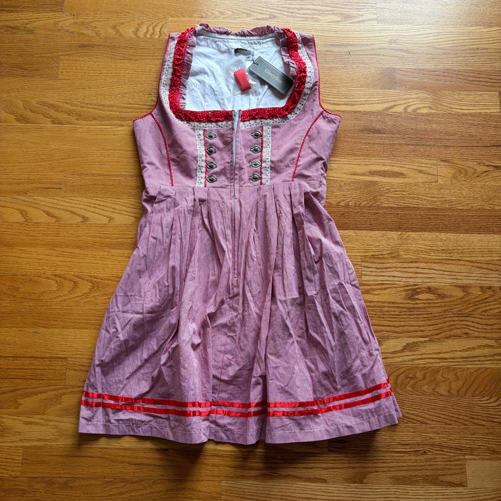 GloryStar Bavarian Red Gingham Dirndl Dress Lace Heart Buttons Oktoberfest Large