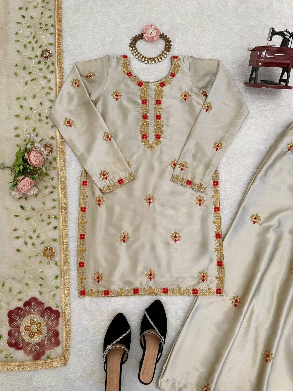Beautiful Zapan Satin Silk Cream Palazzo Suit With Dupatta For Indian Party Wear
