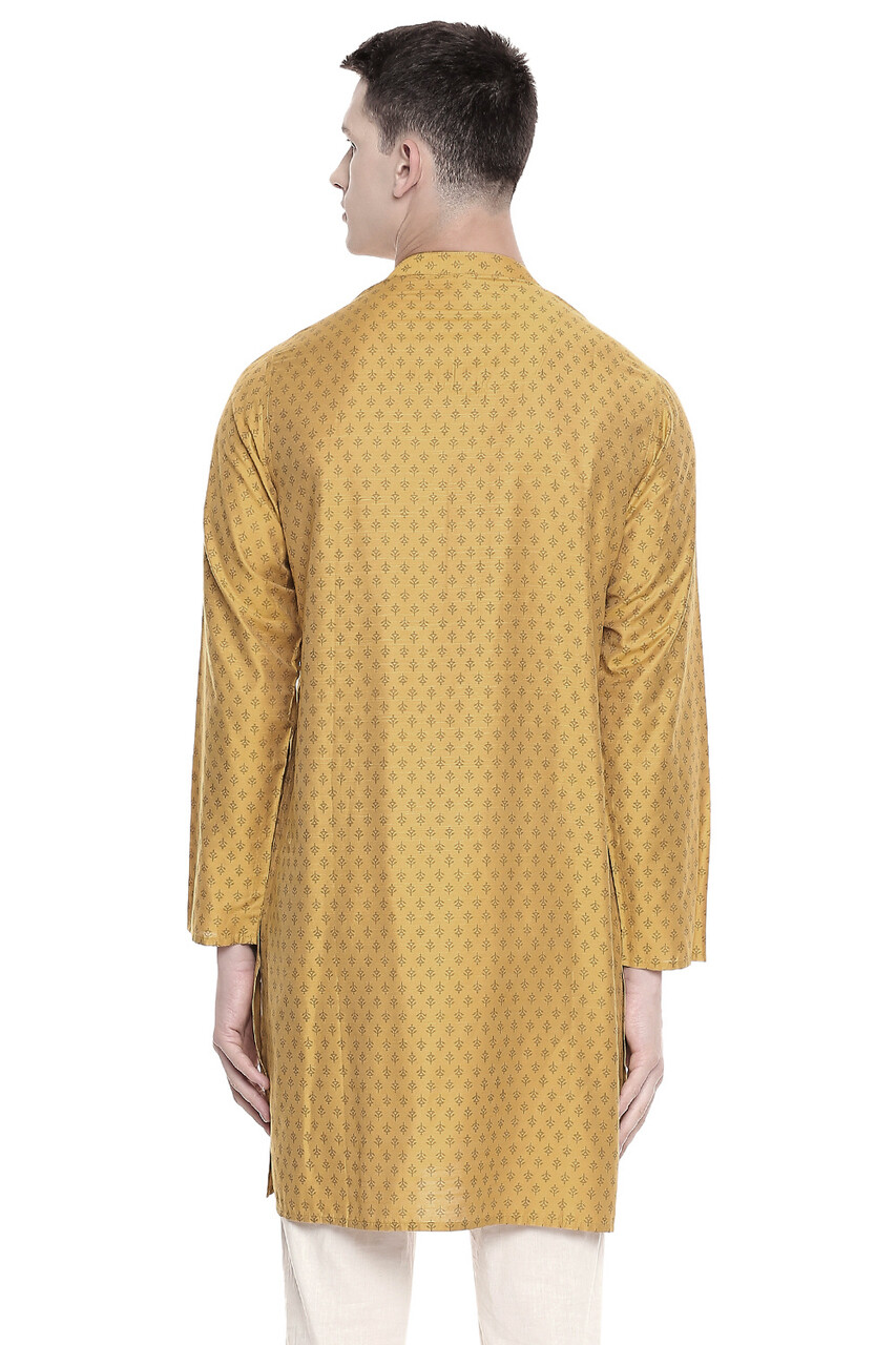 In-Sattva Men’s Mandarin Collar Micro Dobby Fine Print Mustard Kurta Tunic