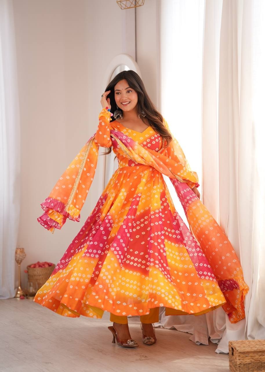 Printed Tabby Organza Gown Pant Dupatta Set Bandhani Flared Anarkali Suit Pack