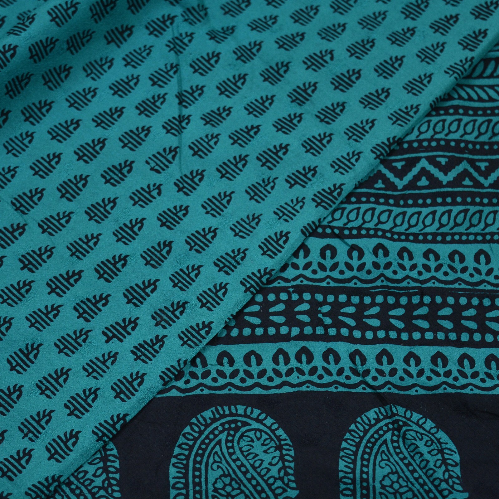 Indian Vintage Green & Black Sarees Hand Block Printed Sari Pure Silk Fabric 5yd