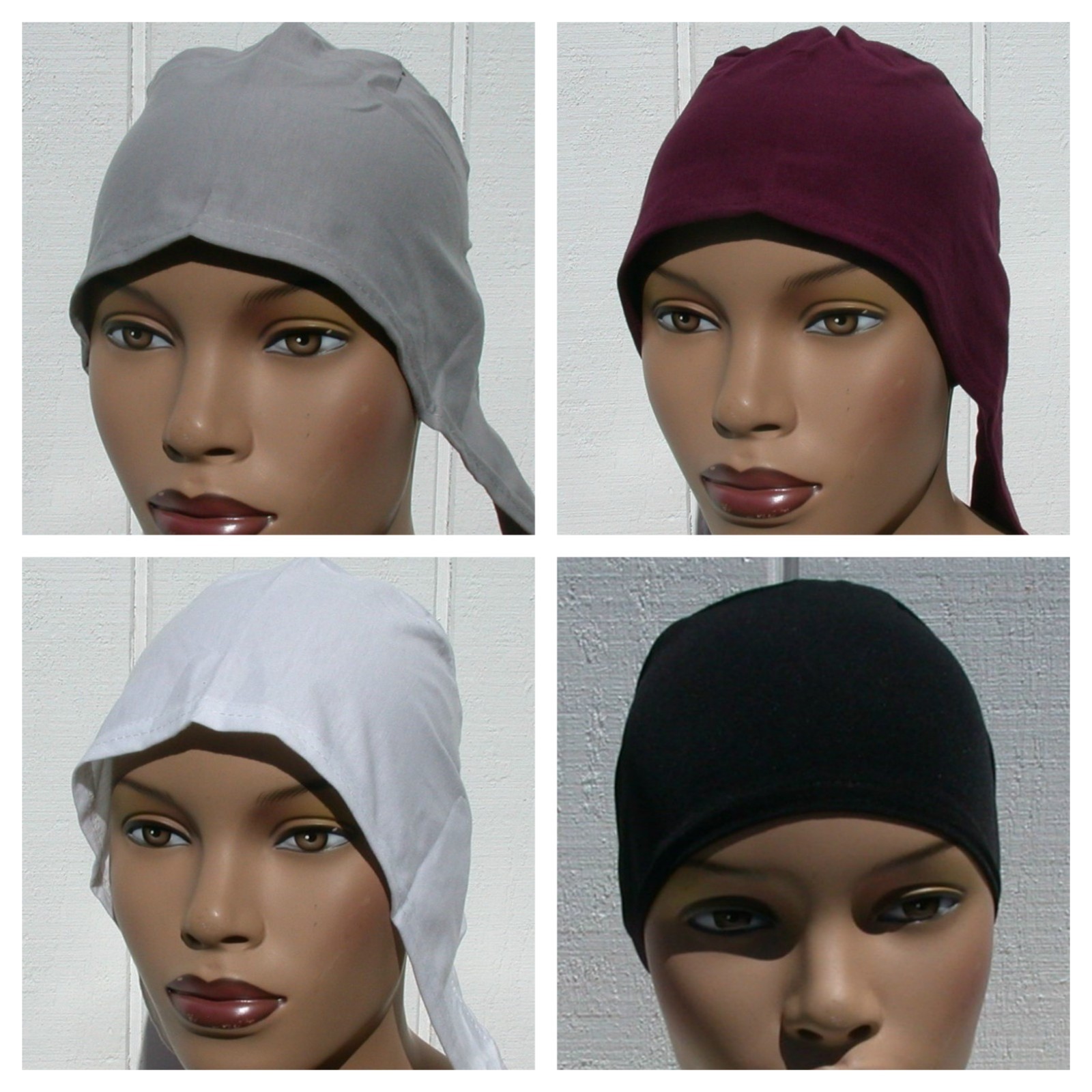 Set of 4 Cotton Tie Back Bonnet Hijab Undercap Modern Skullcap B&W Burgundy Grey