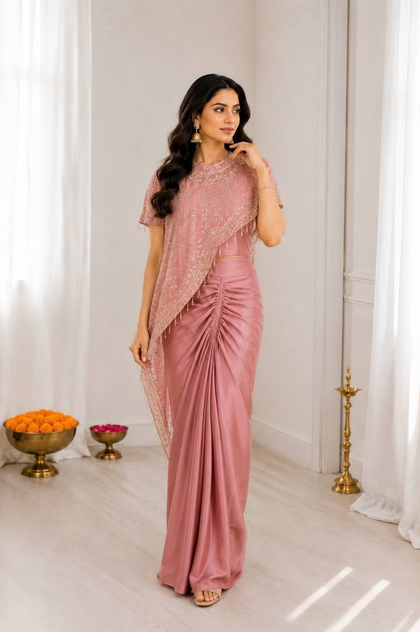 Peach Pre drapped Saree Indo-Western Silk Dhoti Set with Sequined Shrug