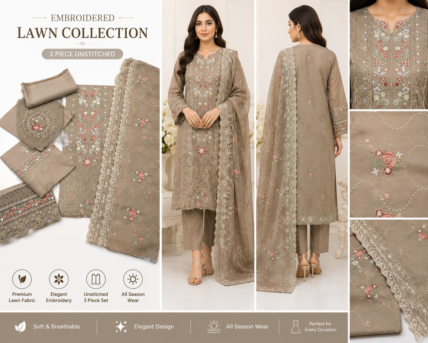 Designer Embroidered Lawn Collection-Pakistani, Indian 3Pcs Suits-Free Shipping