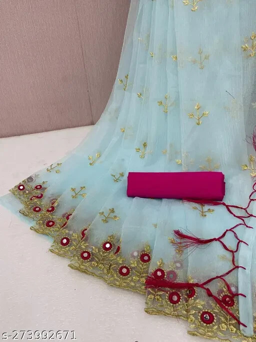 EMBROIDERY WORK SUPER NET FABRIC NET SARI WITH UNSTITCH BLOUSE