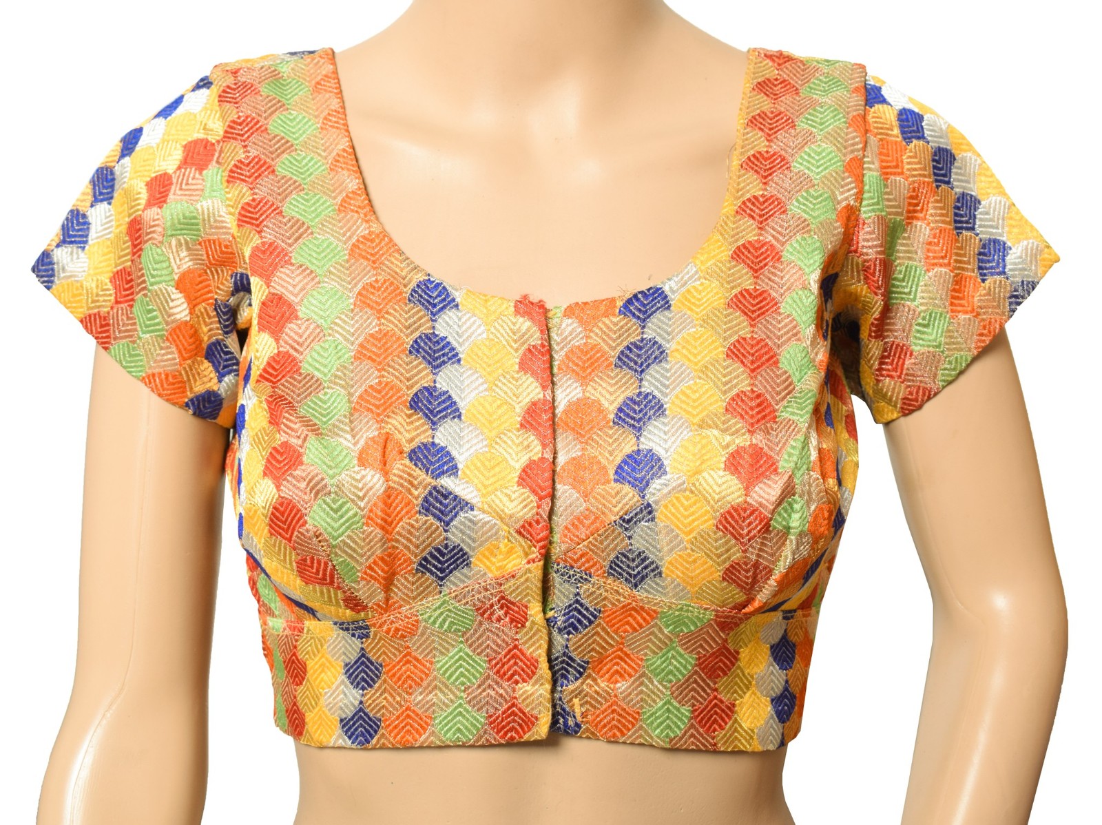 Sushila Vintage Multi-Color Sari Blouse Art Silk Zari Brocade Readymade Top 34″