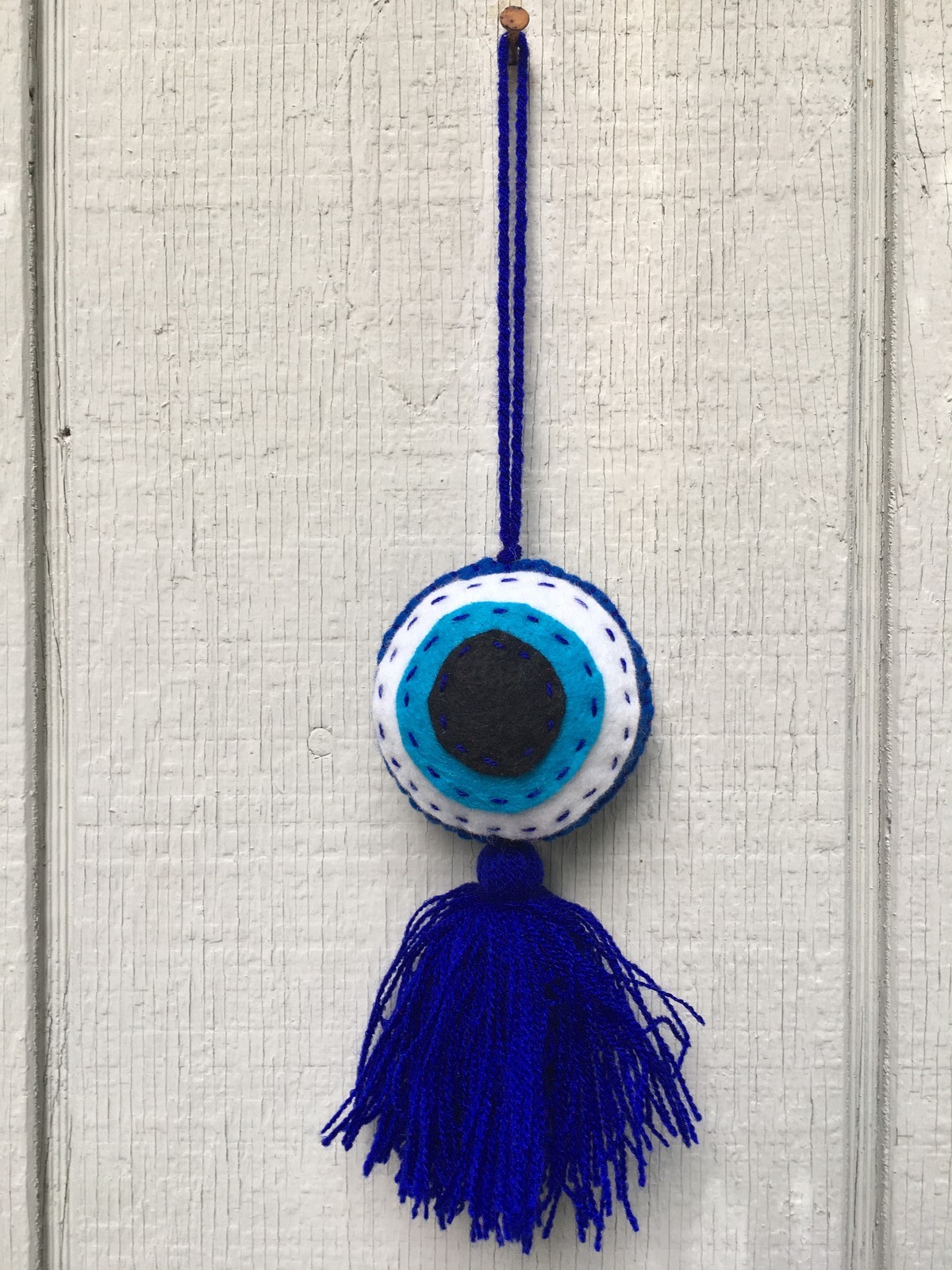 Handmade Hand Embroidered Mexican Felt Evil Eye Pom Pom Tassel – Blue