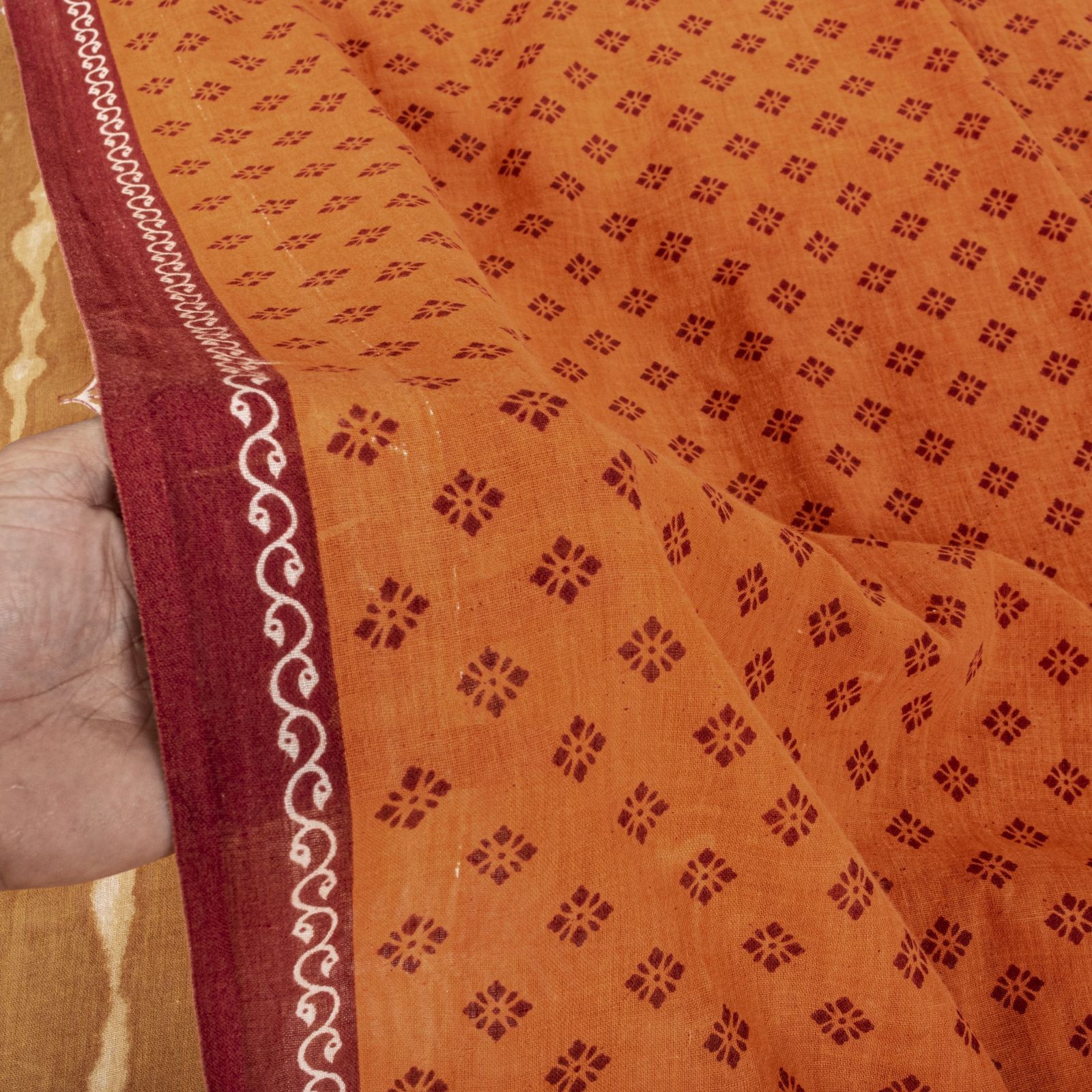 Sanskriti Vintage Saree Orange Pure Cotton Hand Block Print-Batik Work 5+Yd Sari