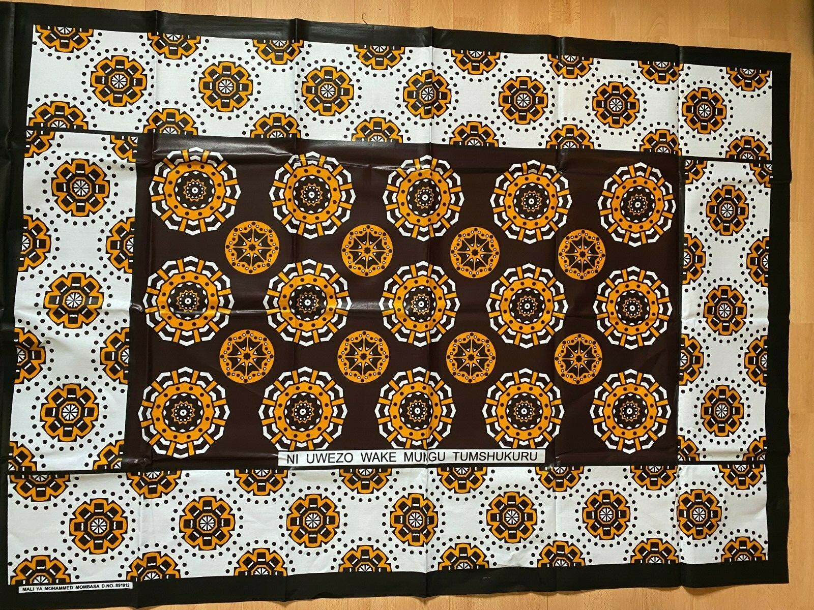 East African Single Khanga/Leso, Mombasa Kenya Cotton Fabric White, Brown Yellow