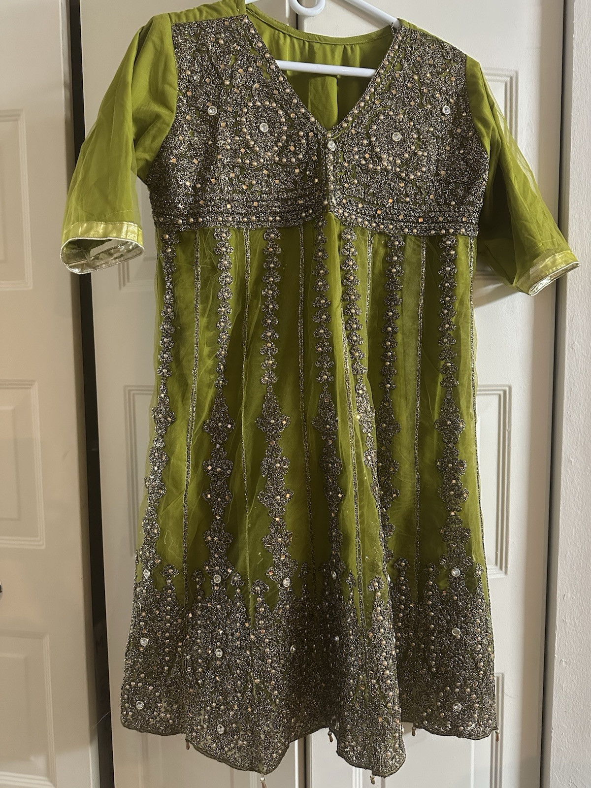 Green Heavy Embodied Work On Net A Line Frock Kameez Trouser Large