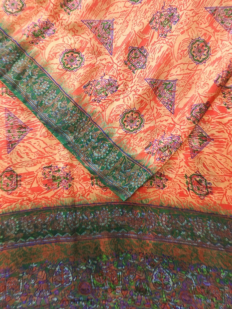 Women Silk Chiffon Peach Sari Floral Print Indian Wear Lightweight Sari PGS1879