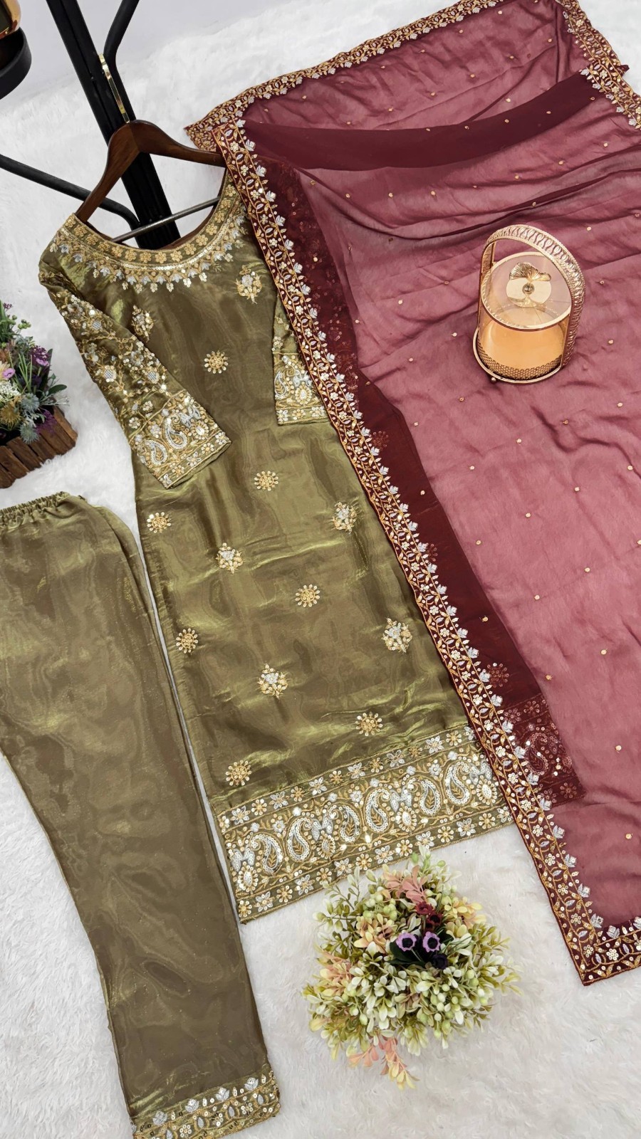 New Presenting Heavy Silk Olive Green Salwar Kameez With Dupatta For Party Wear