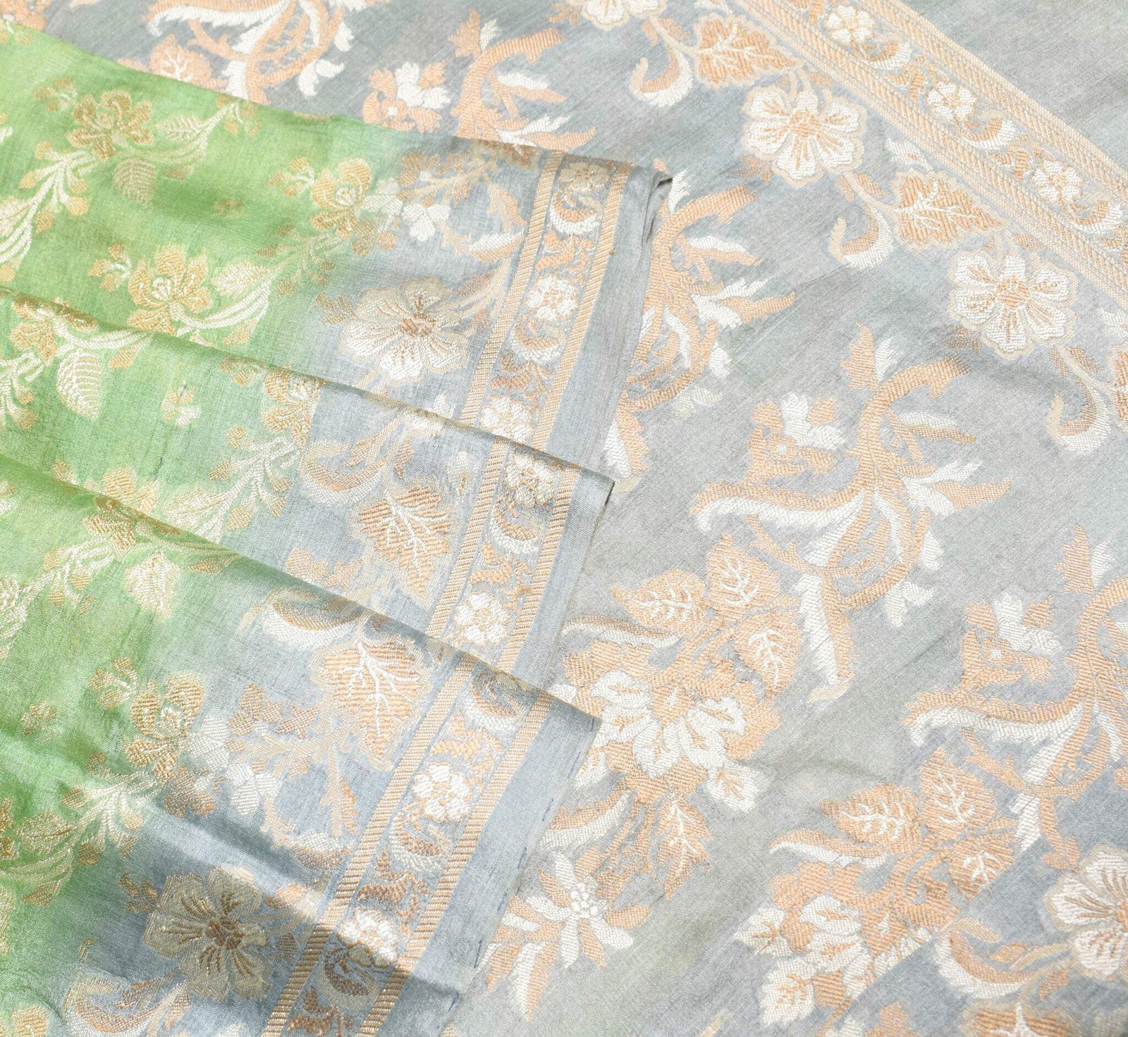 Sushila Vintage Green & Gray Saree Floral Woven 100%Pure Tussar Silk Sari Fabric