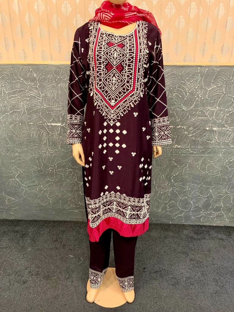 Pakistani Dark Purple Printed Straight Shirt 3pcs linen Suit w/ Threadwork ,L