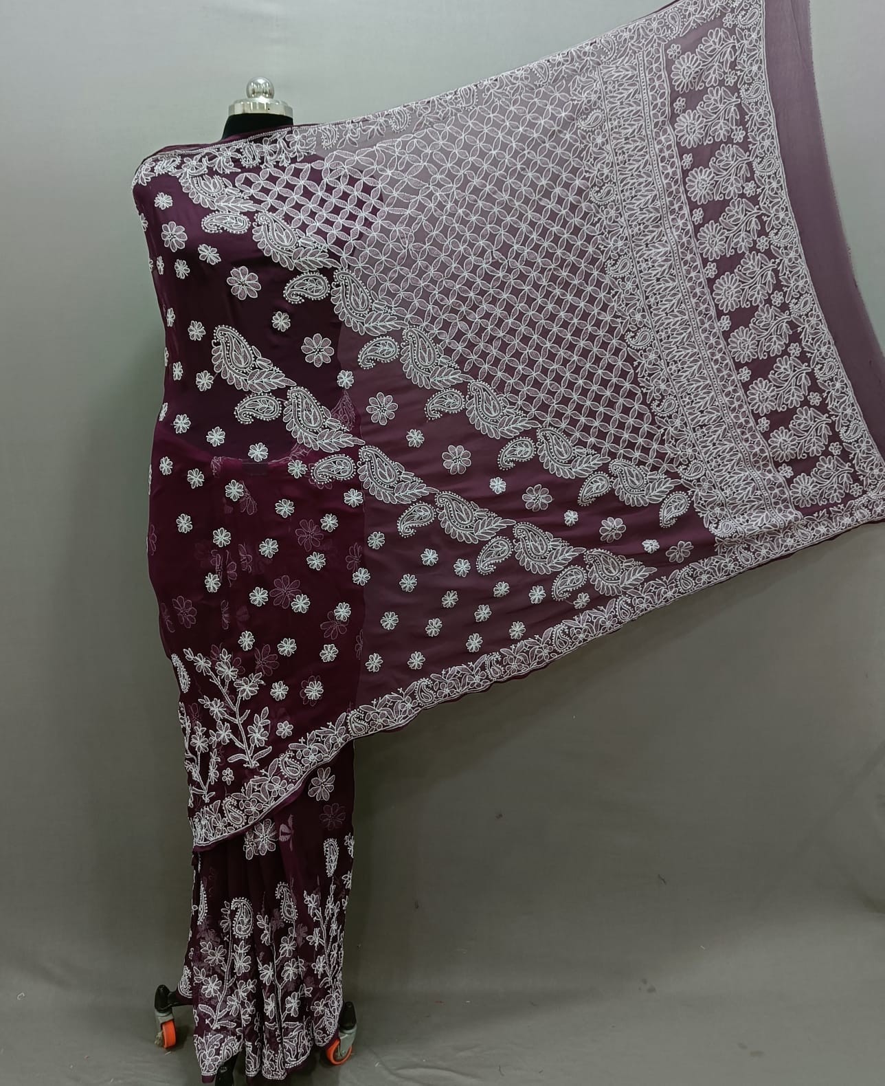 Lucknowi Chickenwork Hand Embroidery Work Georgett Saree
