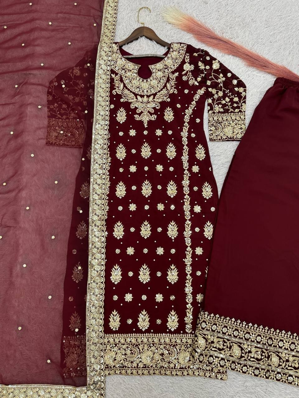 Fancy Designer Faux Georgette Maroon Top Palazzo With Dupatta For Festival Wear