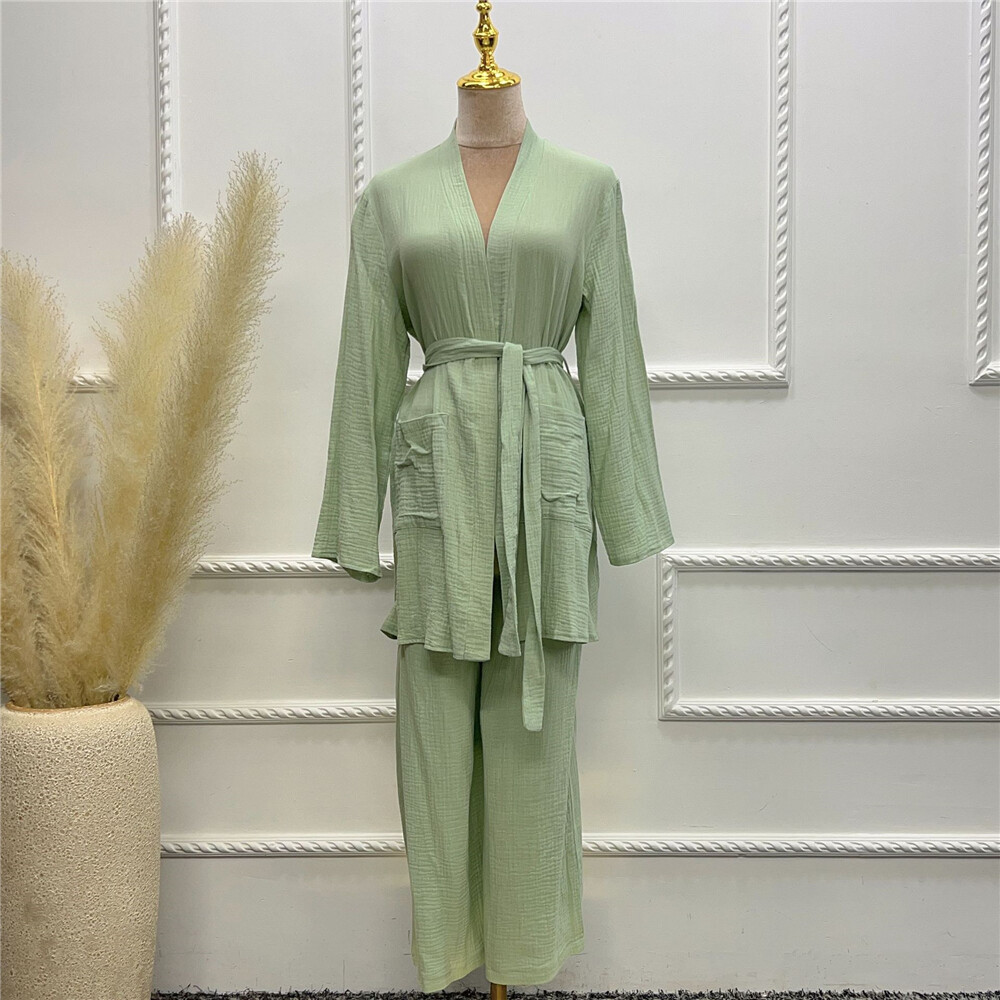 Dubai Muslim Women Long Sleeve Blouse Pants Outfits Two Piece Set Abaya Kaftan