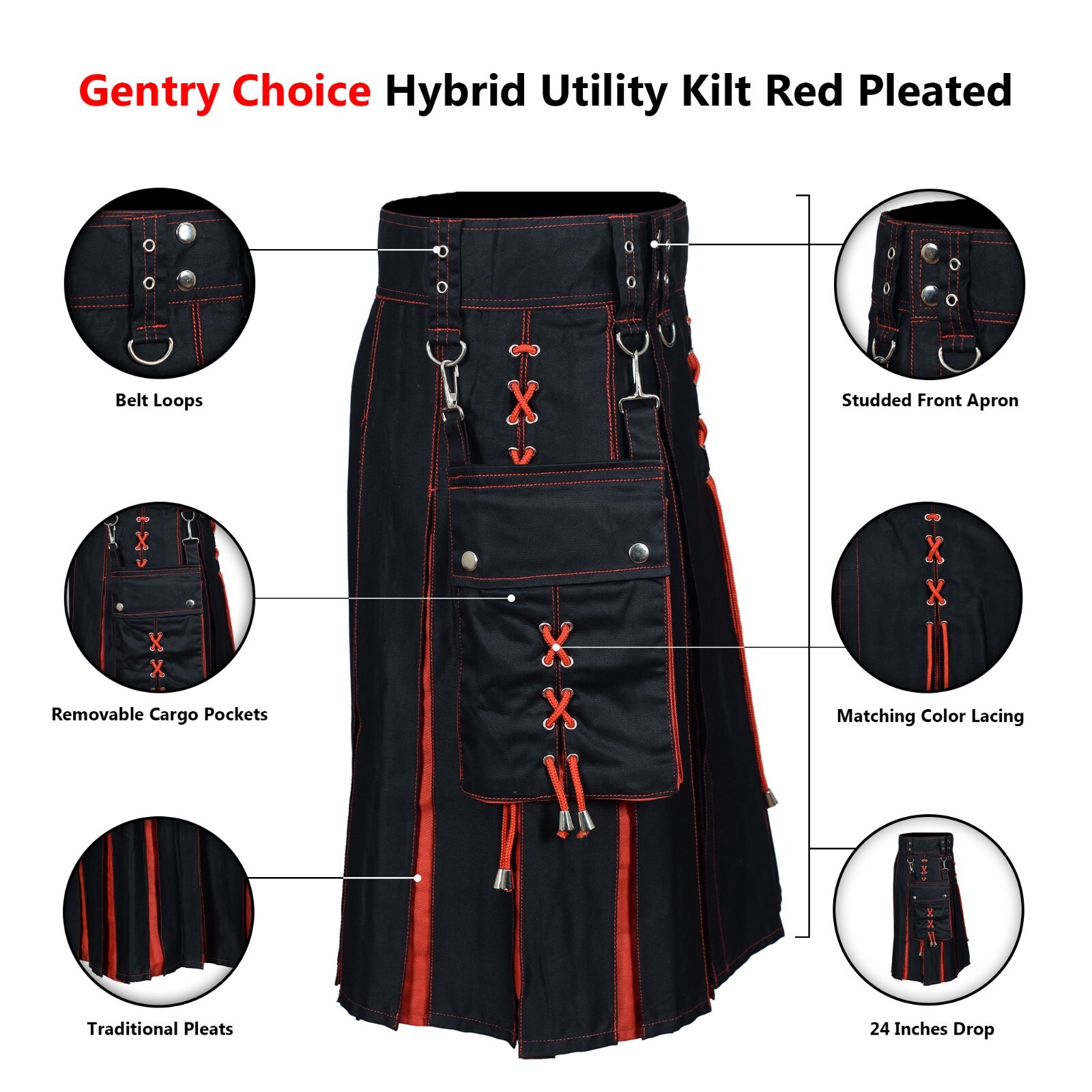 Highlander Fashion Utility Hybrid Kilt Red Pleated Scotttish Modern Kilt For Men