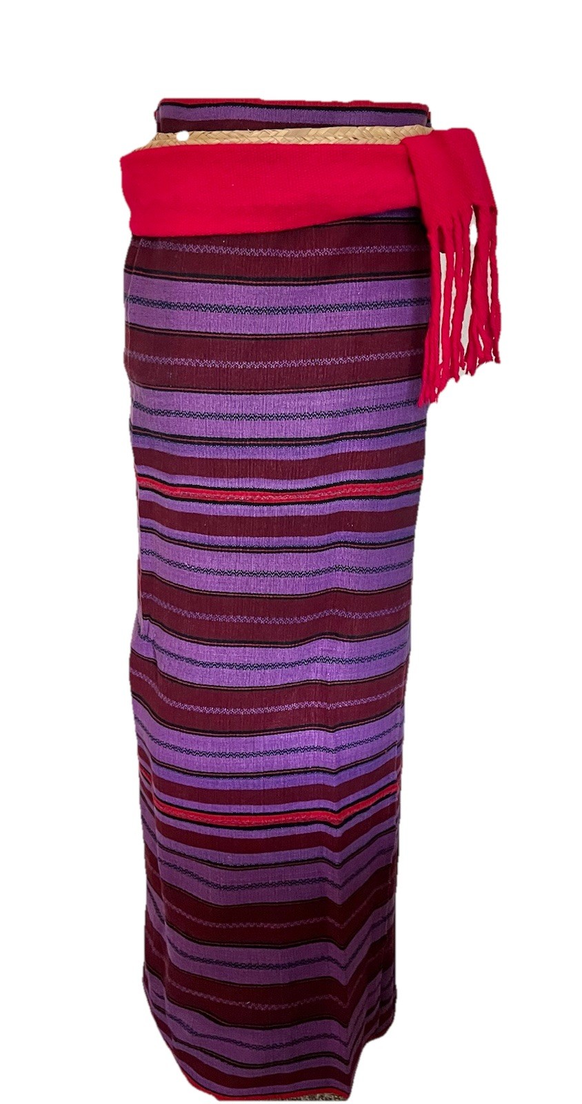 Rare 106″ MAYAN Woven Natural Rattan & Wool BELT Red From Mexico Vintage Rare