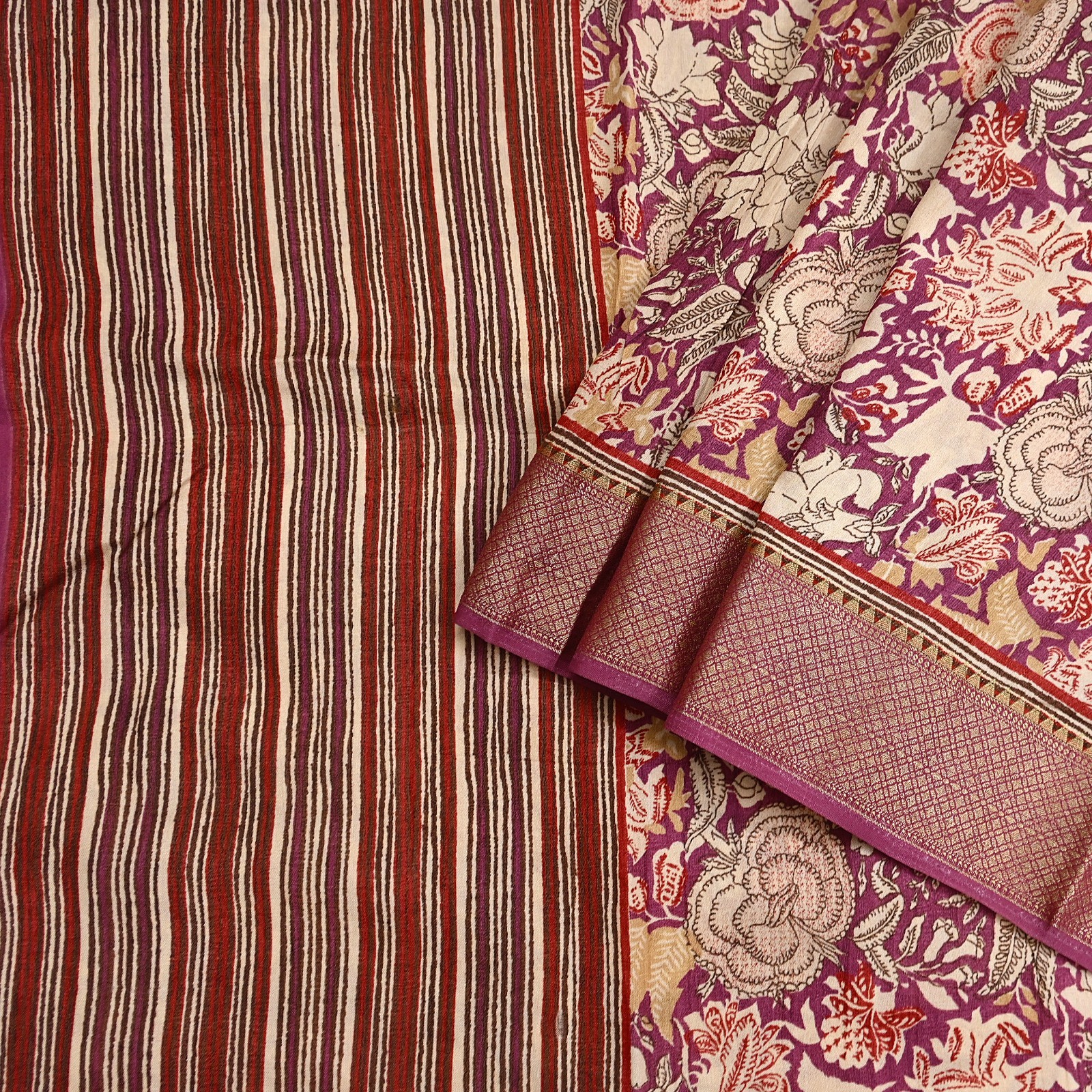 Vintage Purple beige Pure Khadi Silk Saree 5Yd Handloom Indian Sari Soft Fabric