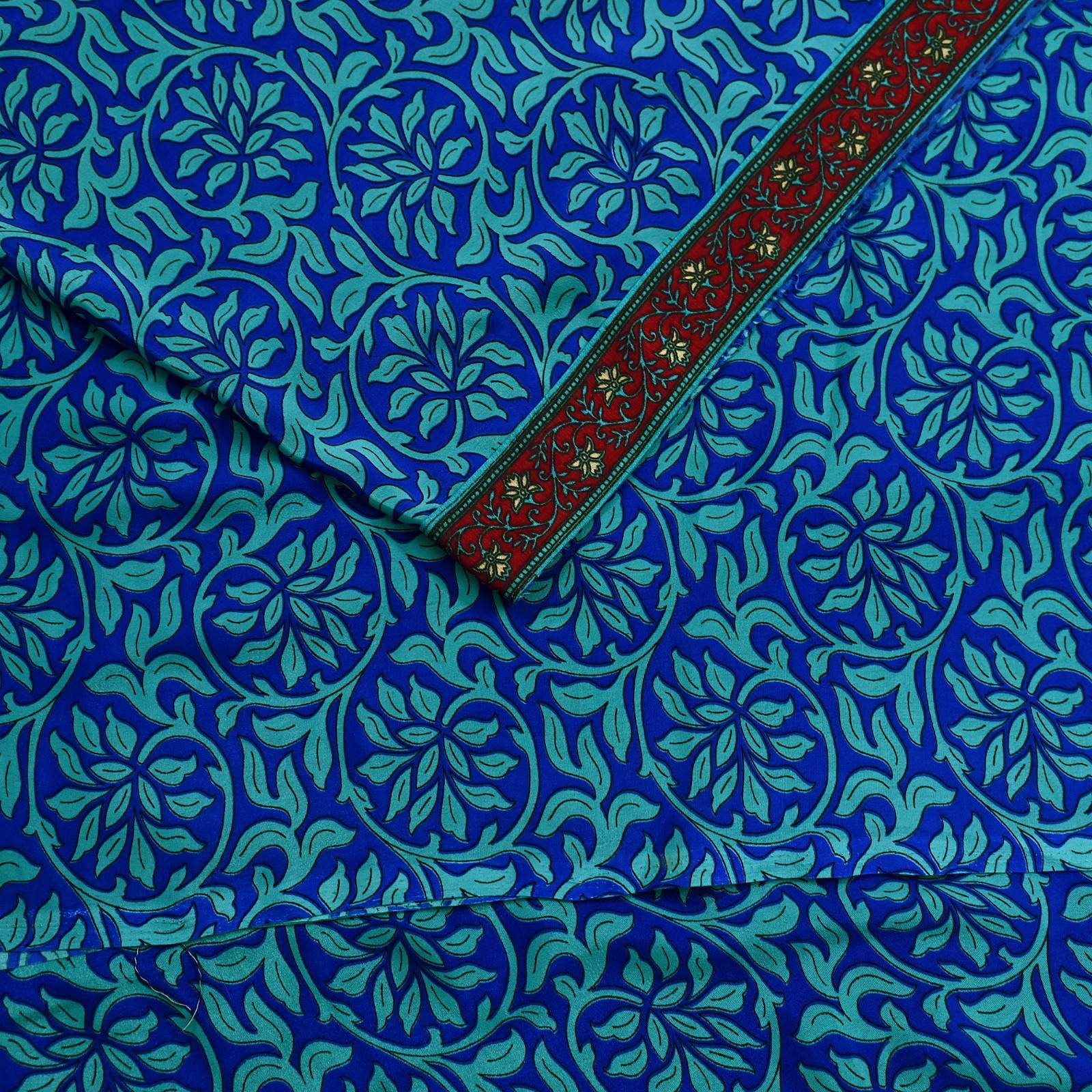 Vintage Green & Blue Saree Moss Crepe Printed Sari 5yd Sewing Paisley Fabric