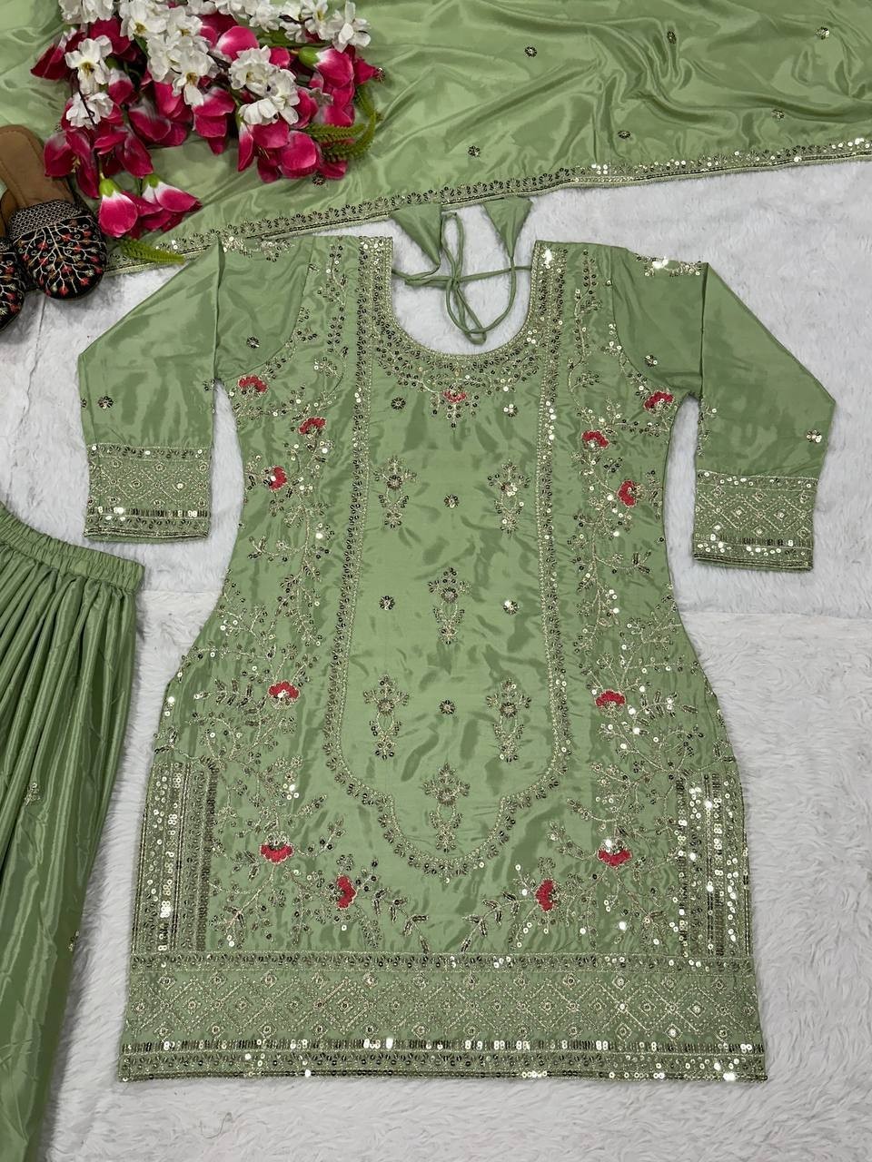 Attractive Look Natural Crep Sage Green Kurta Palazzo With Dupatta For Wedding