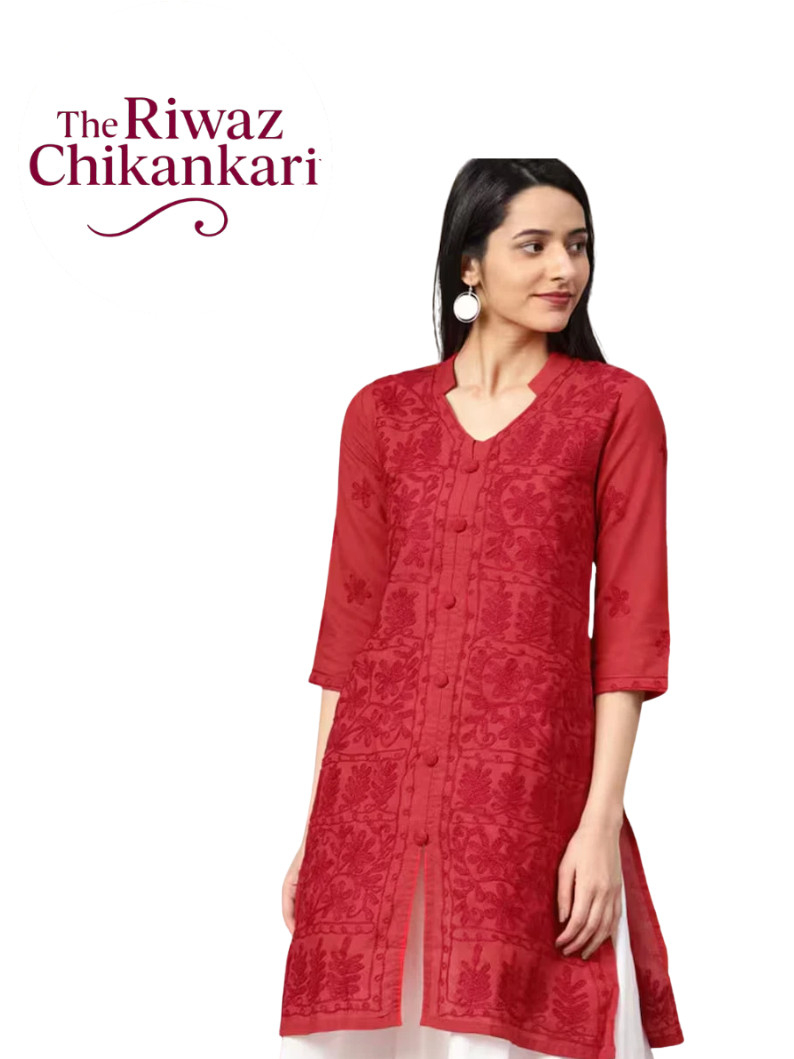Red Chikankari Cotton Kurti For Women | Wool Thread Hand Embroid Kurti For Women
