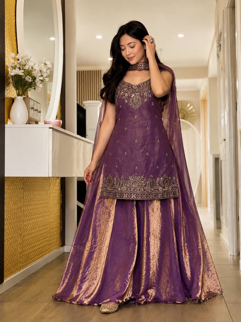 Attractive Look Pure Silk Purple Top Palazzo With Dupatta For Indian Party Wear