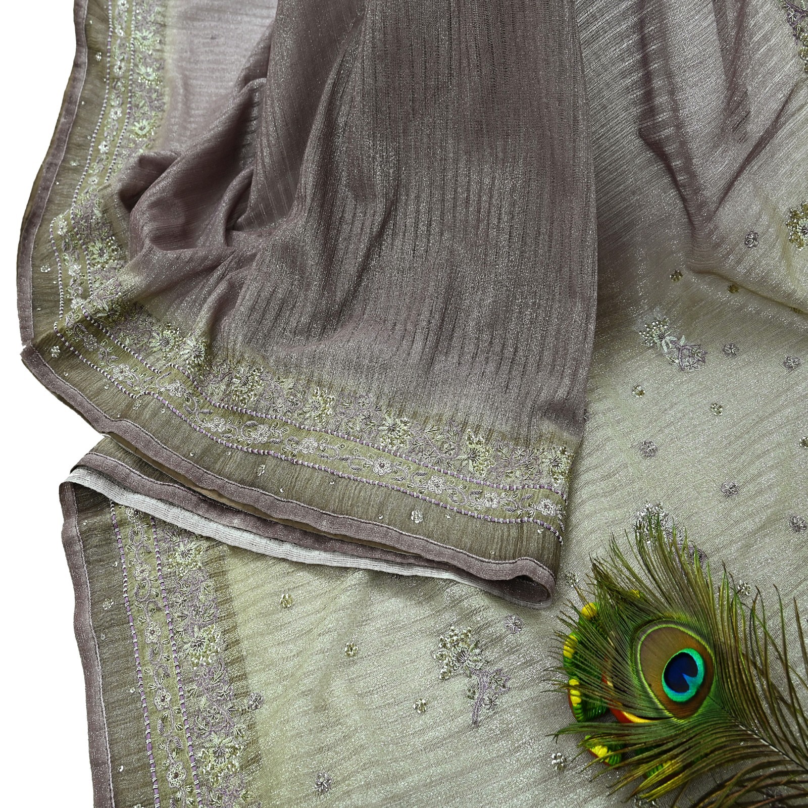 Vintage Silver & Purple Saree Net/Mesh Hand Embroidered Sari Zardozi Fabric 5Yd