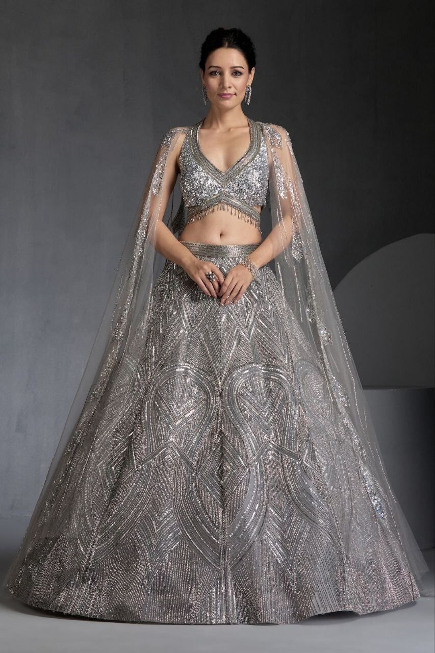 New Classy Faux Georgette Lehenga Choli With Grey Dupatta For Indian Function