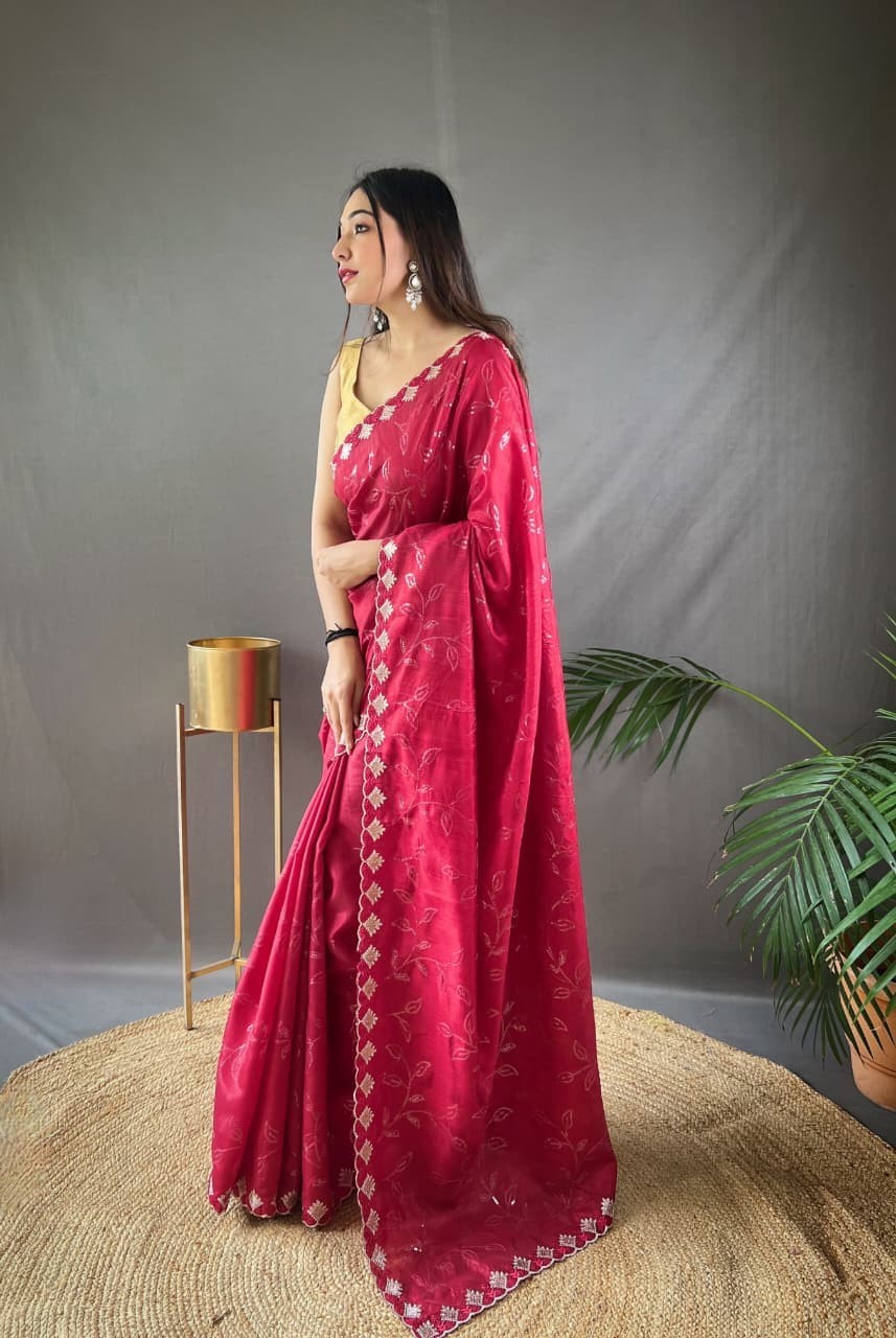 Women’s Pure Ruhi Silk Saree Jal Sequin Work Cutwork Border Party Wear Blouse