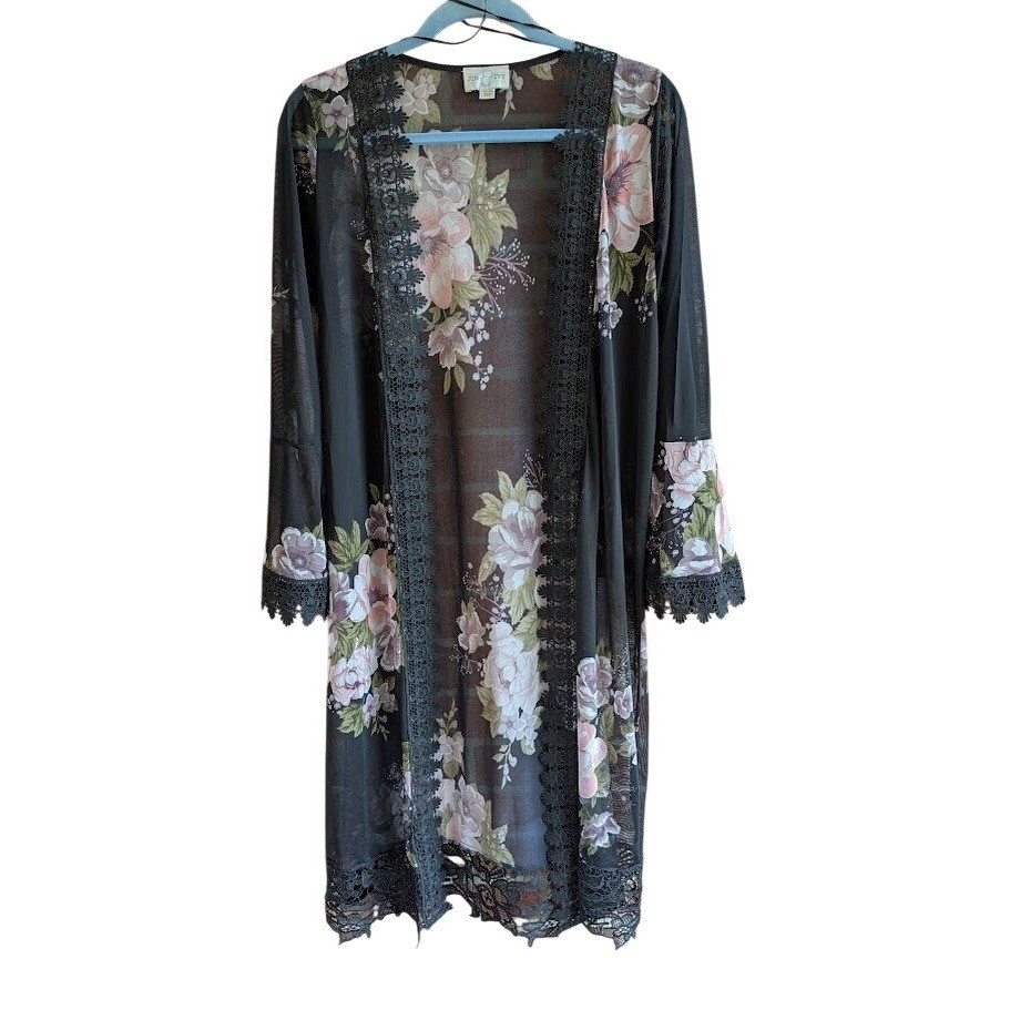 Women OS Kimono Robe Duster Floral Lace Artsy Flowing Layer Lagenlook Whimsigoth