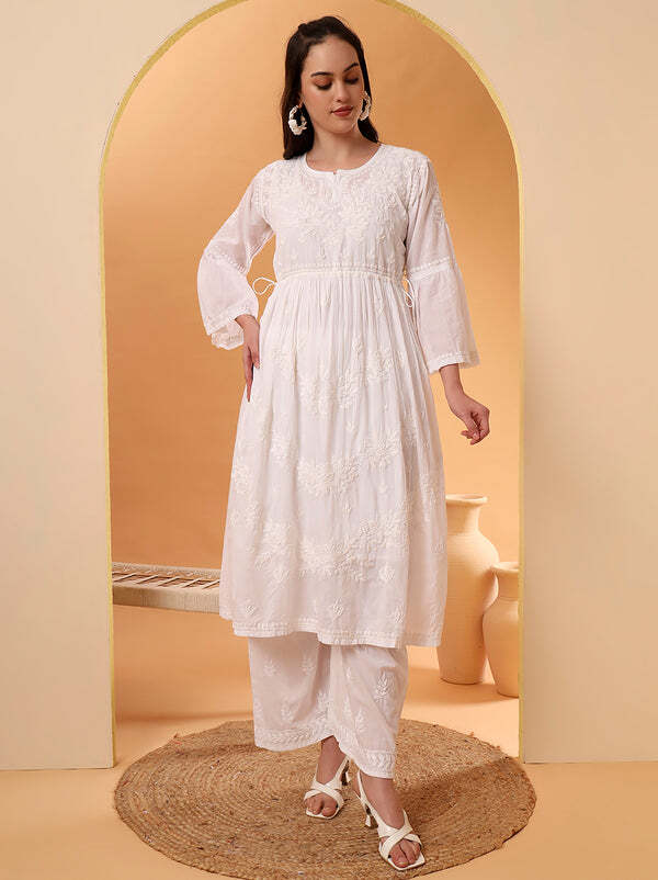 White Mulmul Chikankari A-Line Kurti Lucknow Chikankari Handmade Kurti