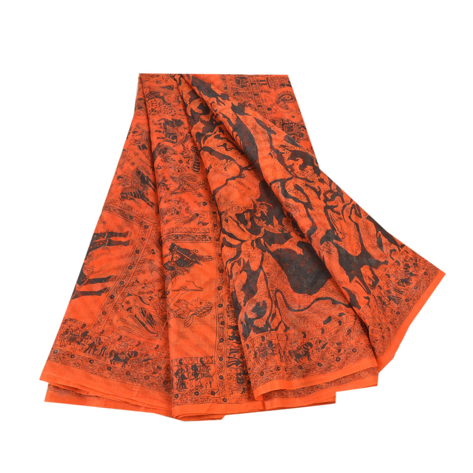 Sanskriti Vintage Orange/Black Sarees Pure Silk Human & Animal Print Sari Fabric