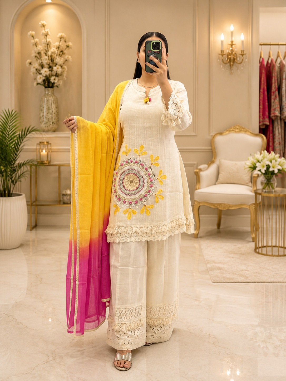 White Cotton Embroidered Kurta Set with Ombre Dupatta, Indian 3 Piece Suit