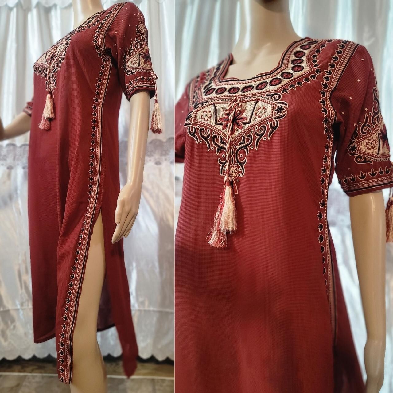 Kurta Dress Handmade Intricate Beaded Embroidered Red Black Tan Tassels SMALL