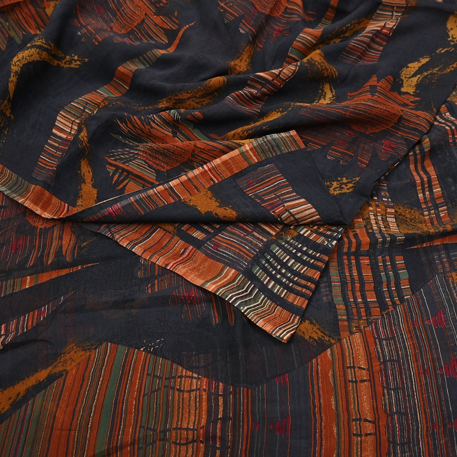 Vintage Saree Black Pure Chiffon Silk Printed Sari Craft Fabric Sewing 5Yd Soft