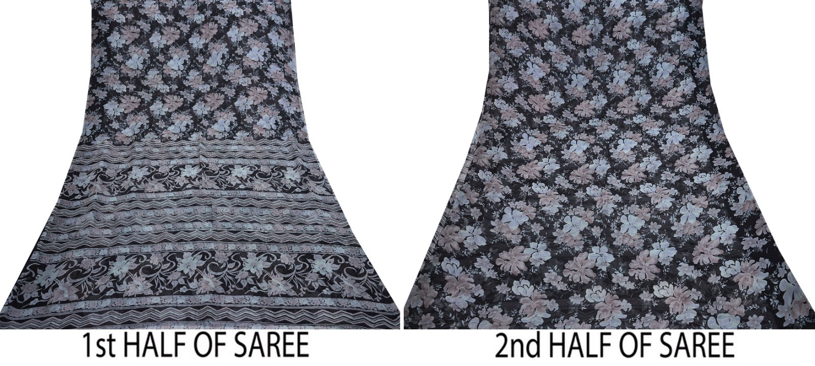 Vintage Saree Black Pure Chiffon Silk Printed Sari Craft Fabric Sewing 5Yd Soft