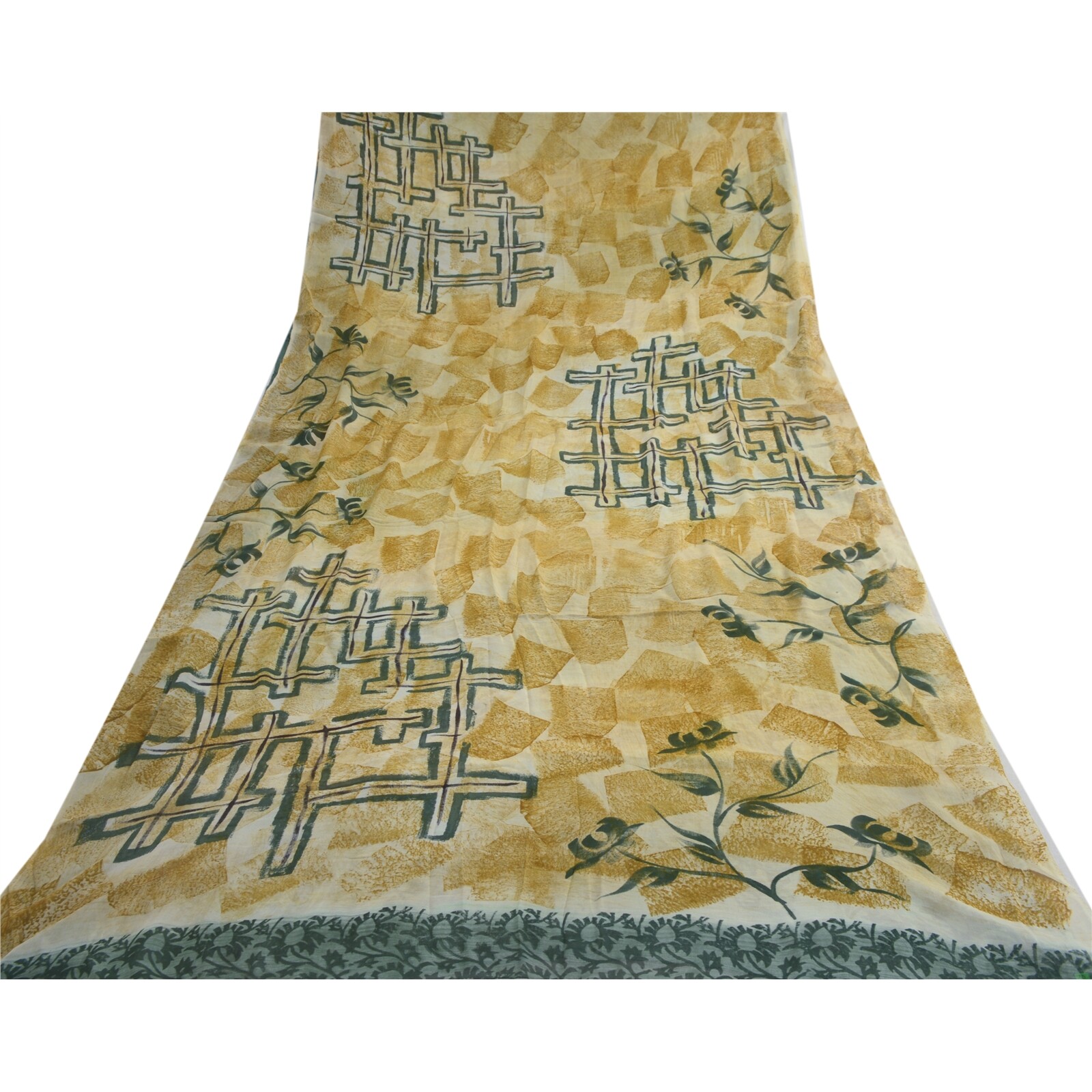 Sanskriti Vintage Cream/Green Sarees Pure Georgette Printed Sari Craft Fabric