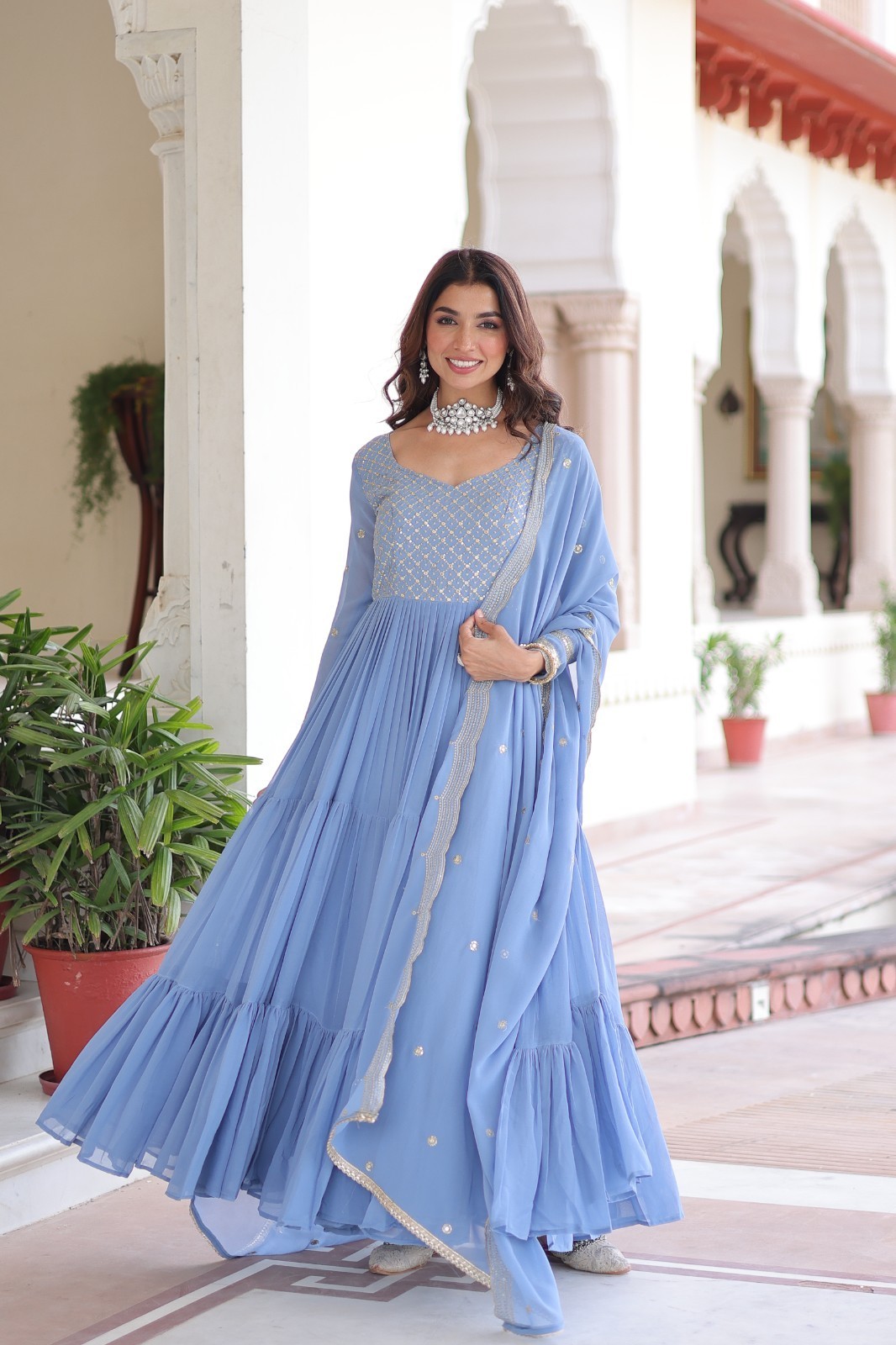 Indian Style Faux Georgette Blue Salwar Kameez With Dupatta For Women Wear