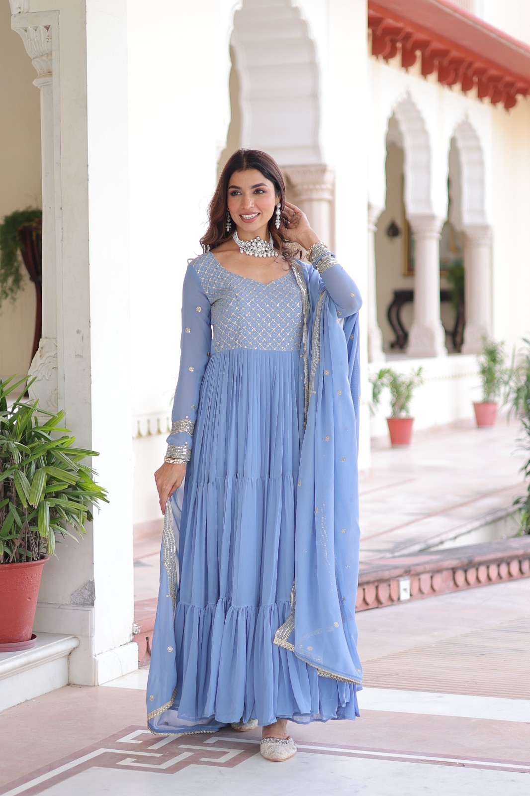 Indian Style Faux Georgette Blue Salwar Kameez With Dupatta For Women Wear