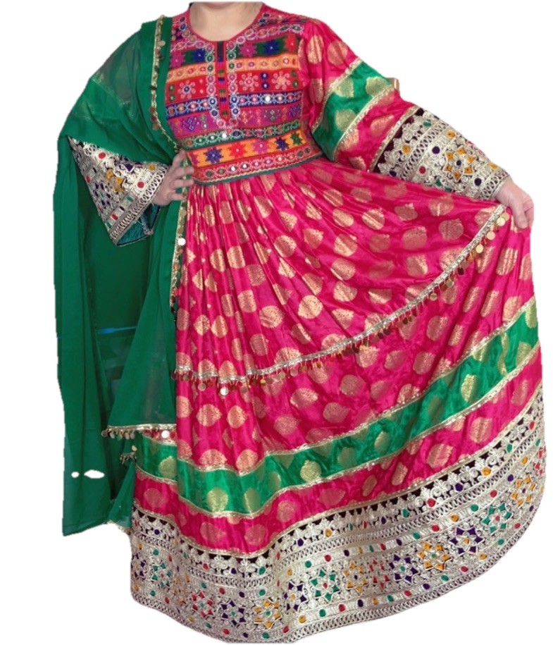 Afghani Gund Tribal Handmade Embroidery beaded Maxi Dress Green Pink/ Multi