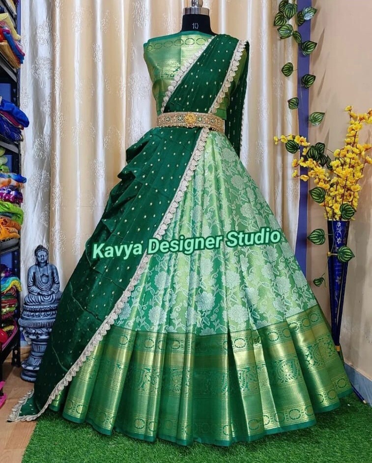 Kanjiveram Gold Zari Combination Silk Lehanga with Blouse along with Duppta !!