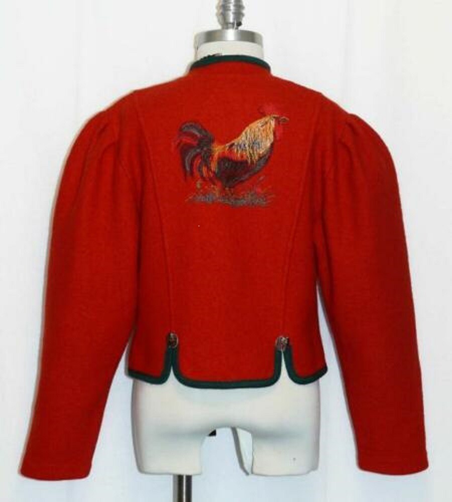 RED BOILED WOOL Winter Sweater Jacket EMBROIDERY / BACK SIDE German Coat M B40″